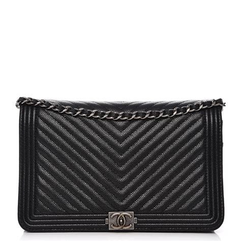 CHANEL Caviar Chevron Quilted Wallet On Chain WOC Black 